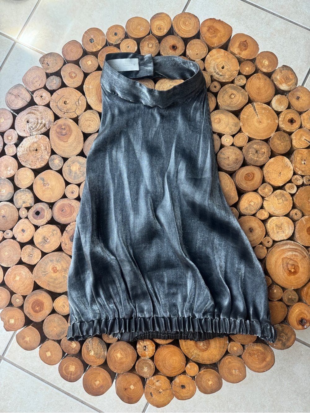 Zara Shiny Black High-Neck A-Line Satin Skirt